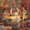 Our Father who art in heaven family praying around table antique pc Y12604