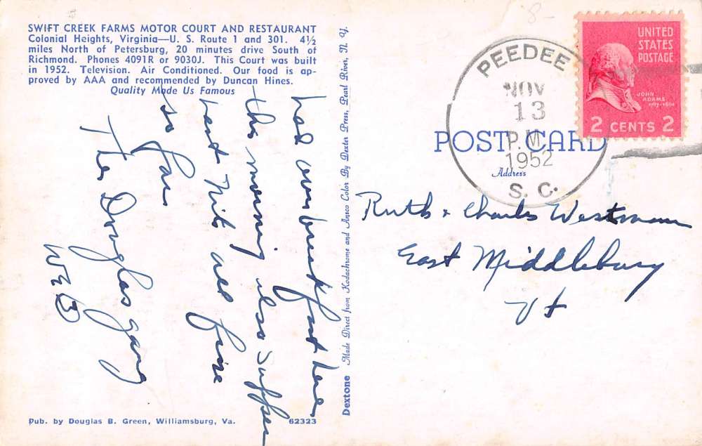 Colonial Heights Virginia Swift Creek Farms Motor Court vintage pc Y12639 - Image 2