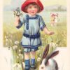 Easter Greetings Child & Bunny Rabbit Flowers Antique Postcard (J21652)