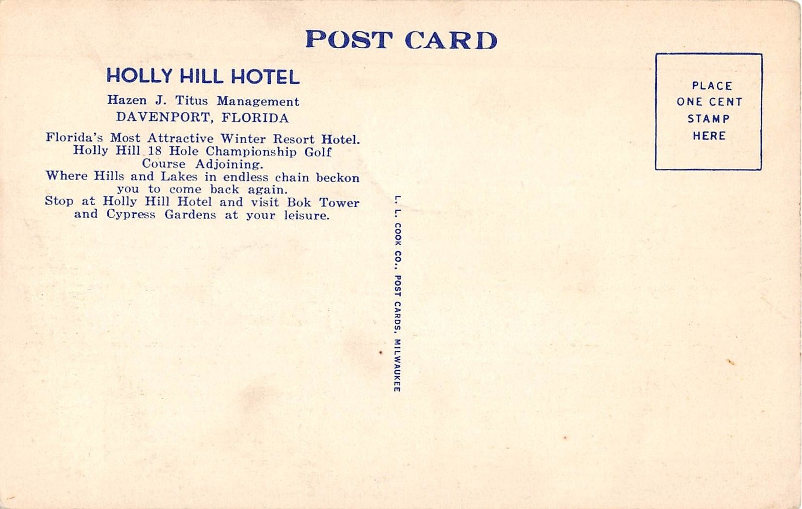 Davenport Florida Holly Hill Hotel Antique Postcard (J10216) - Image 2