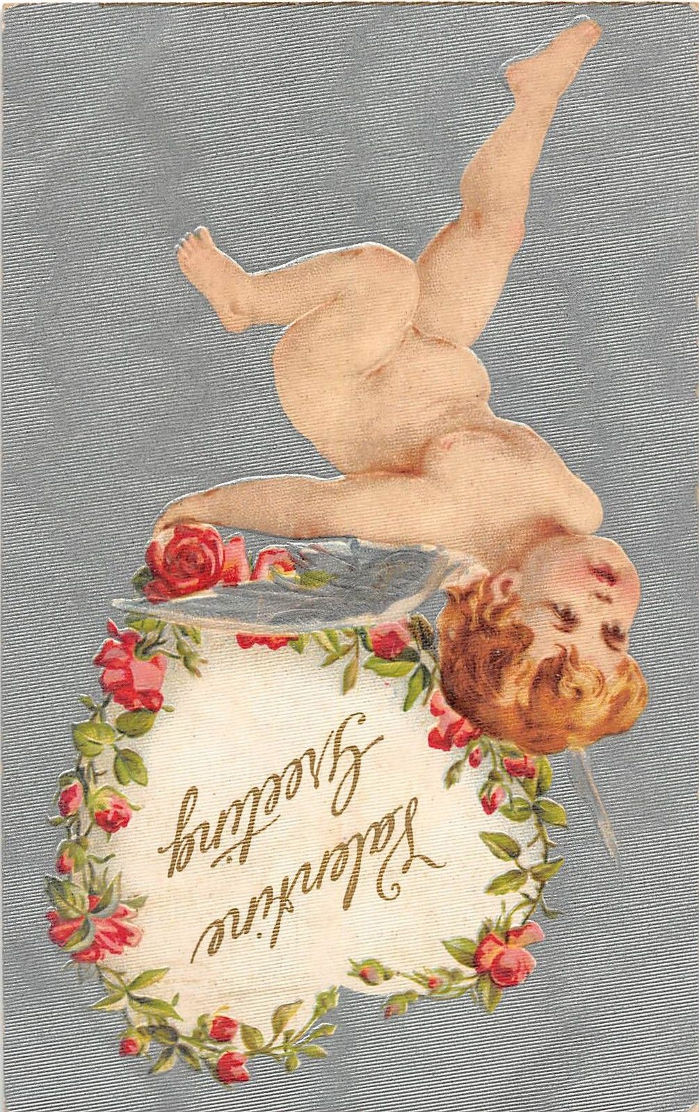 Valentine Greetings Angel Holding Up A Flower Bordered Heart Antique PC V7498 - Image 2