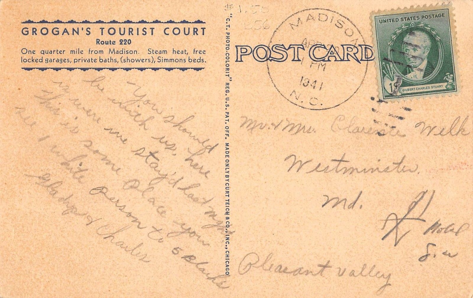 Madison North Carolina Grogan's Tourist Court Exterior Antique Postcard V19369 - Image 2