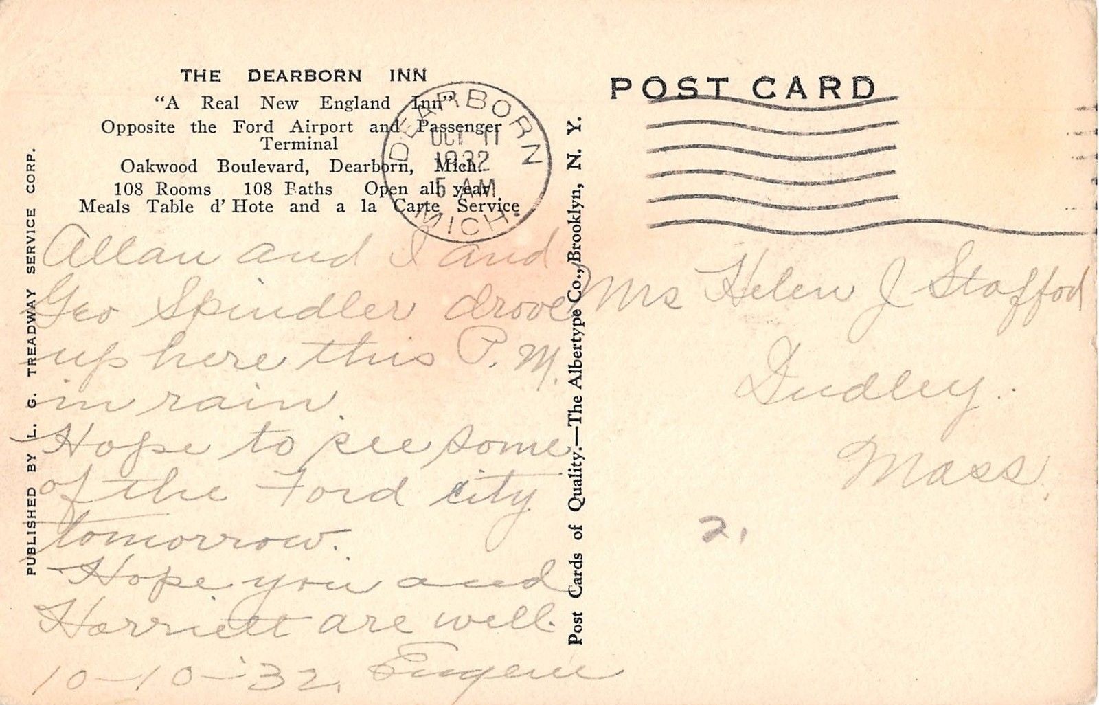 Dearborn Michigan The Dearborn Inn Entrance Antique Postcard (J18465) - Image 2