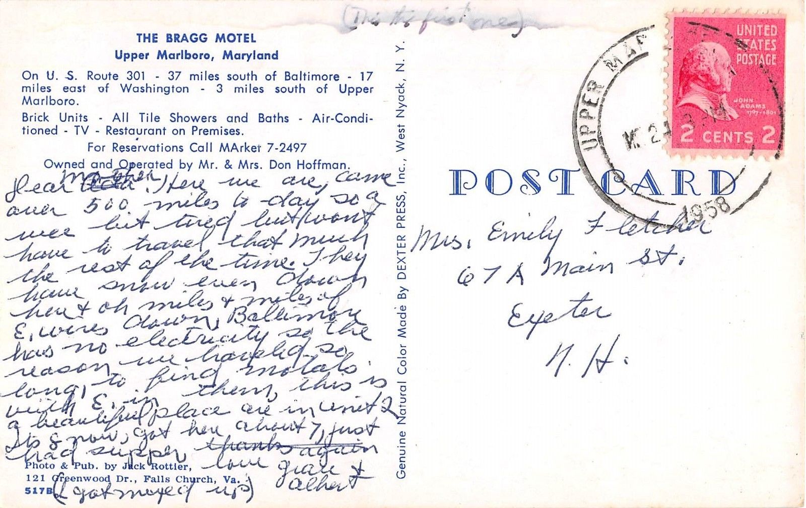 Upper Malboro Maryland The Bragg Motel Vintage Postcard (J12840) - Image 2
