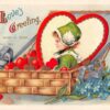 Valentines Greetings Girl in Bonnet Hearts Basket Flowers Antique PC (J35634)