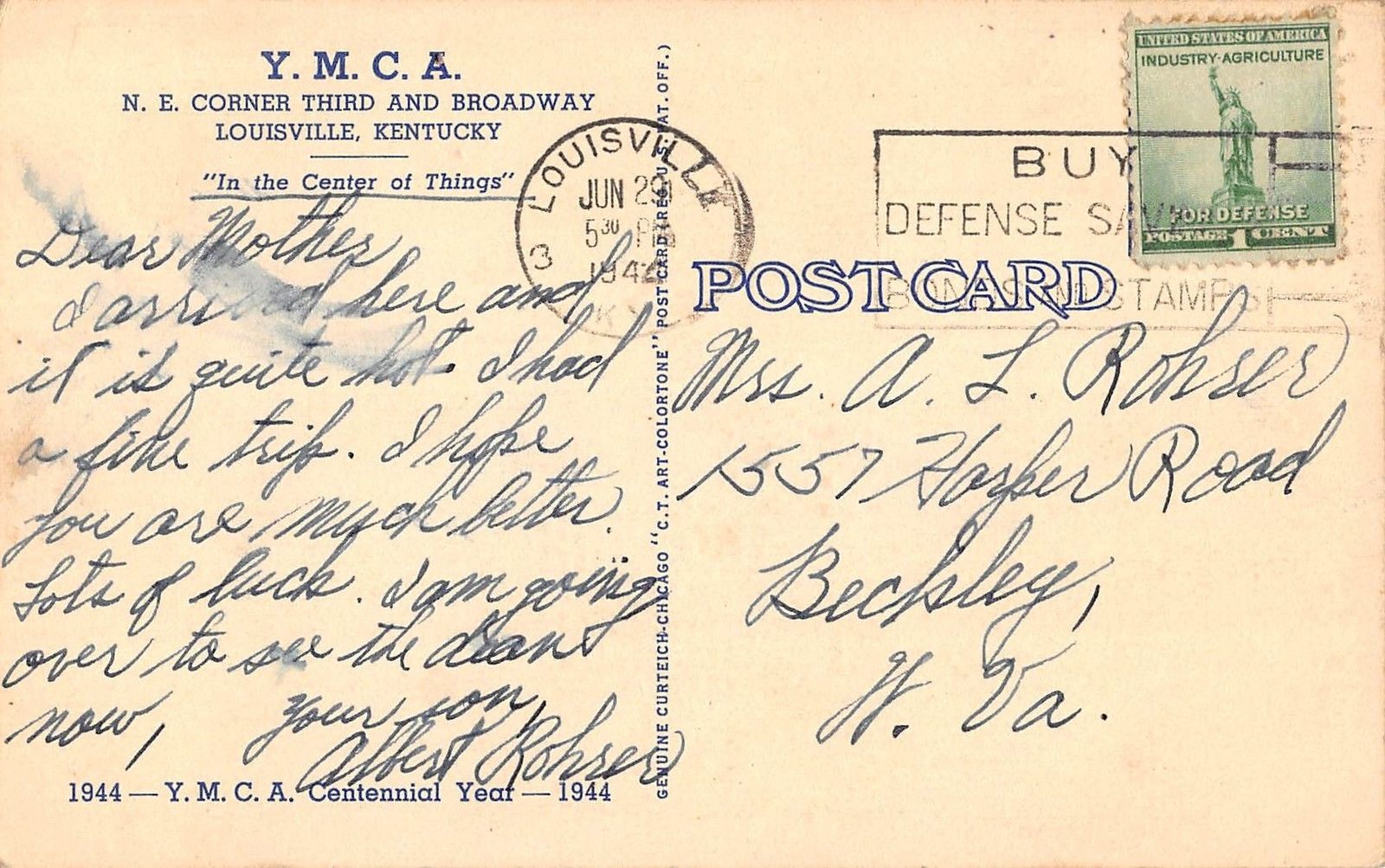Louisville Kentucky coffee shop lounge bedroom YMCA antique pc (Y9965) - Image 2