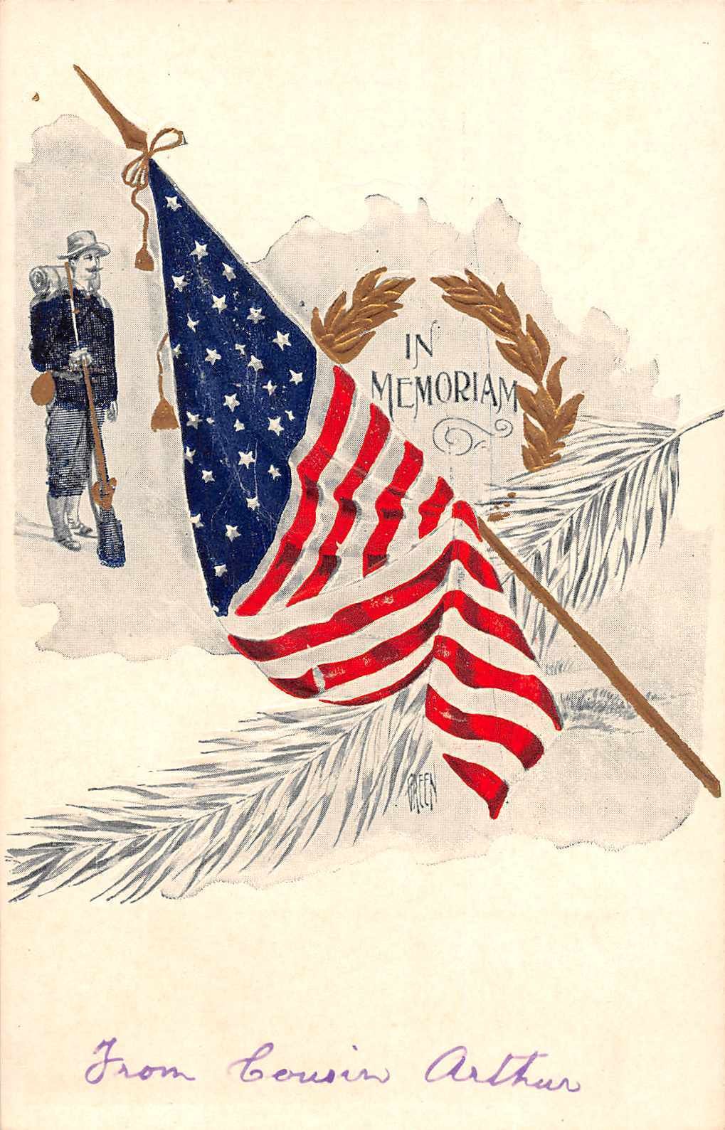 "In Memoriam" soldier rifle US flag feather patriotic antique pc ...