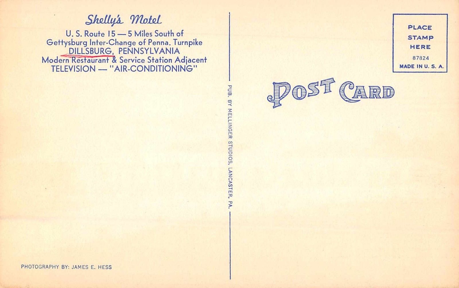 Dillsburg Pennsylvania Shelly's Motel Antique Postcard (J35329) - Image 2