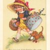 Birthday Greetings Girl in Hat with Toys & Presents Antique Postcard (J31089)