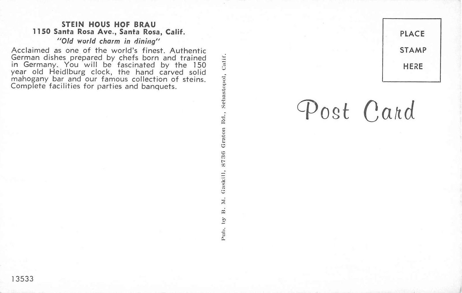 Santa Rosa California Stein Hous Hof Bra German restaurant vintage pc (Y4885) - Image 2