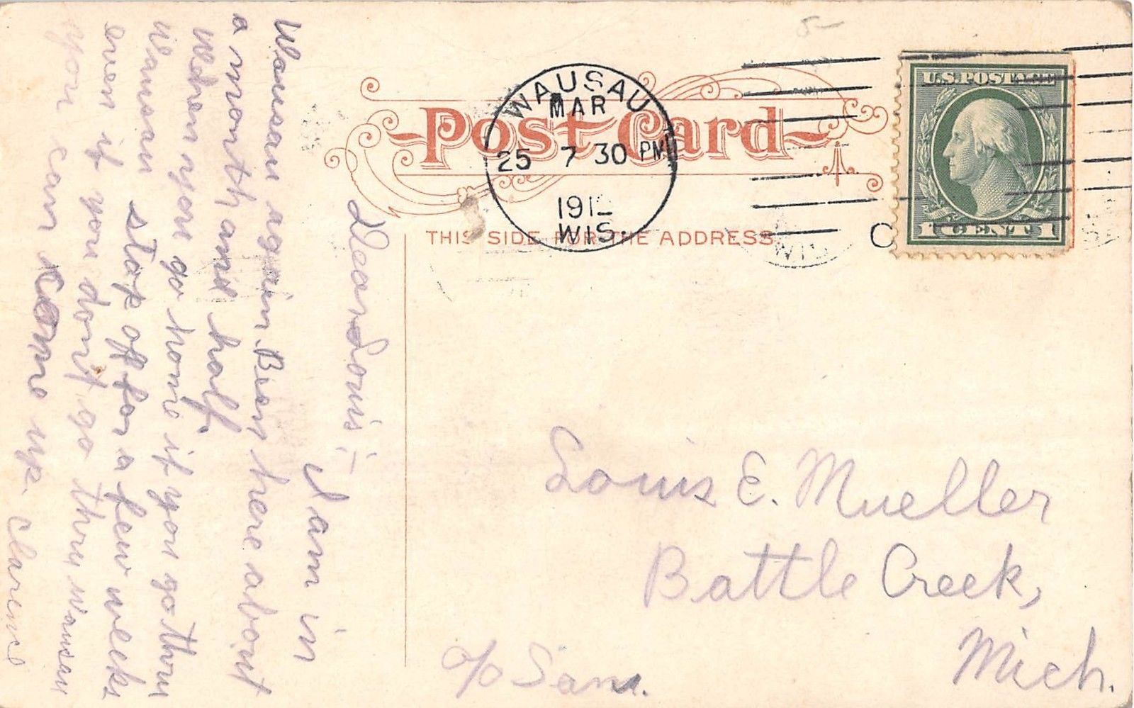 Wausau Wisconsin 3rd Street & Court House Park Antique Postcard V10217 - Image 2