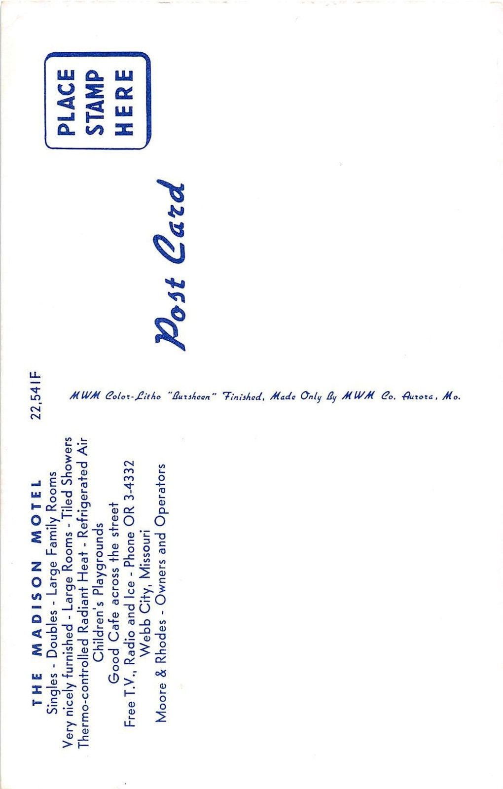 Madison Motel, Joplin, Missouri Vintage Postcard (T2305) - Image 2