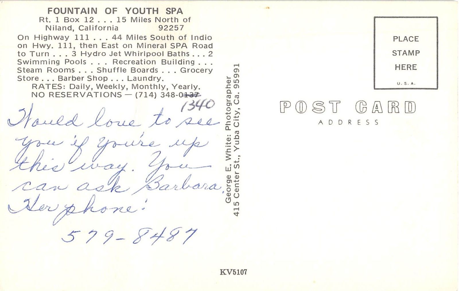 Niland California Fountain of Youth Spa Vintage Postcard (J15354) - Image 2
