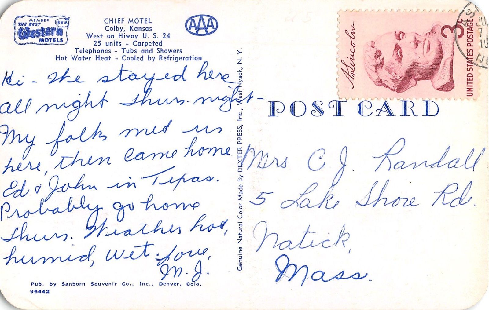 Colby Kansas Chief Motel Vintage Postcard (J15542) - Image 2