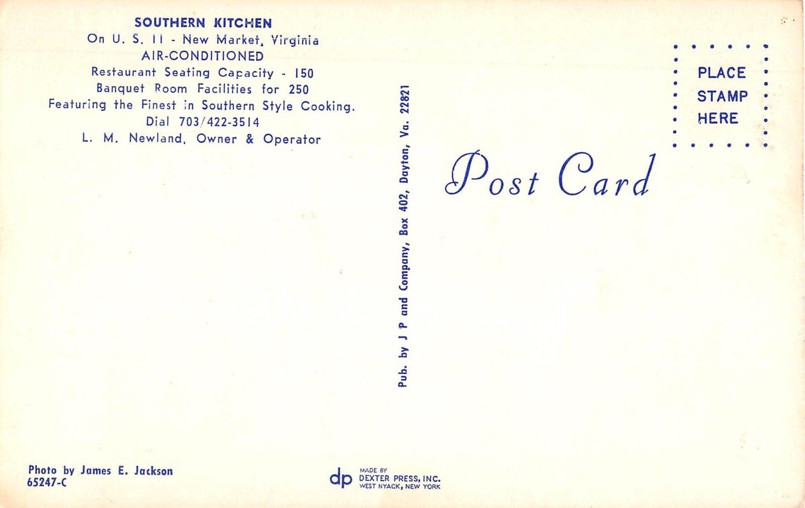 New Market Virginia Southern Kitchen Vintage Postcard (J15404) - Image 2