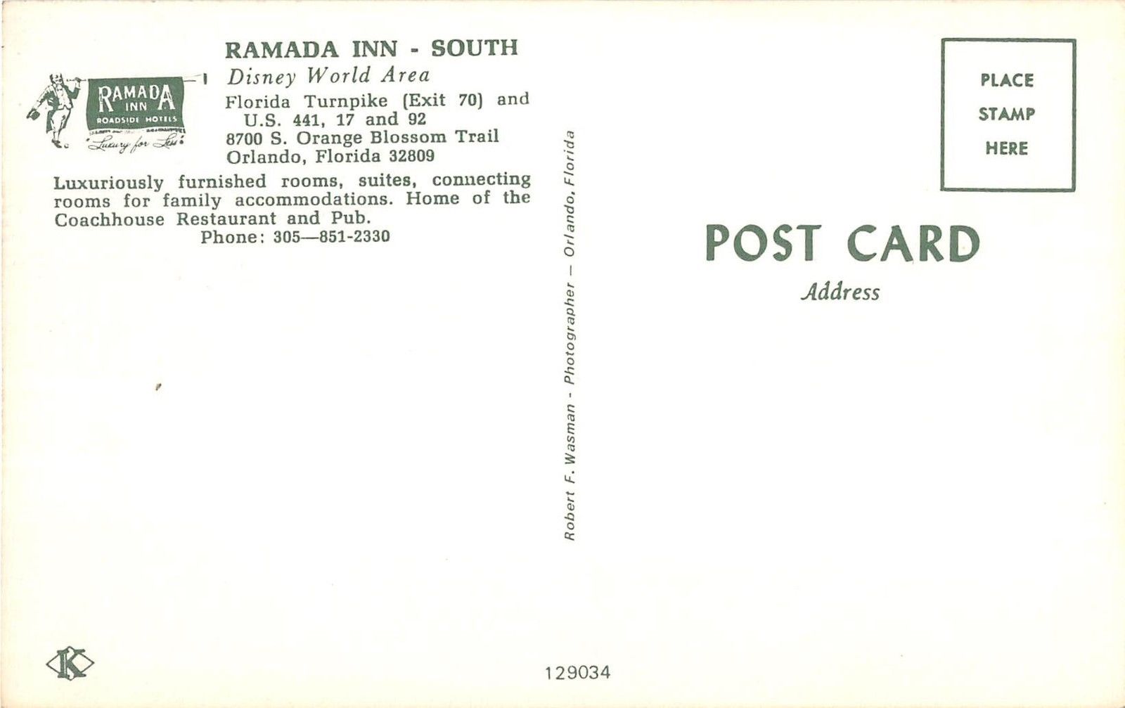 Disney World Ramada Inn Vintage Postcard (T16) - Image 2