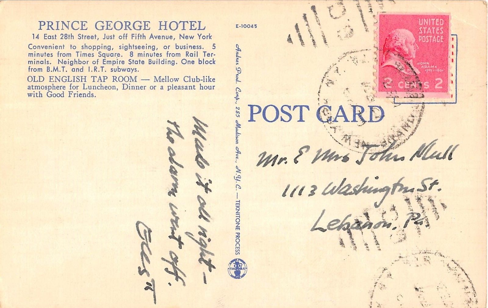 New York New York Prince George Hotel Interior View Antique Postcard V12627 - Image 2