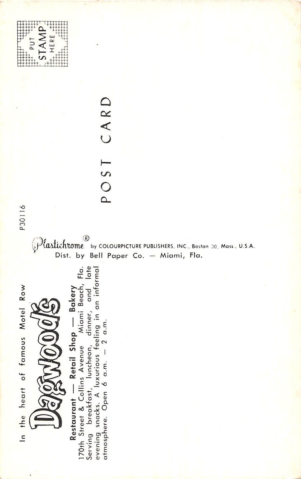 Miami Beach Florida Dagwood's Resturant Vintage Postcard V12694 - Image 2