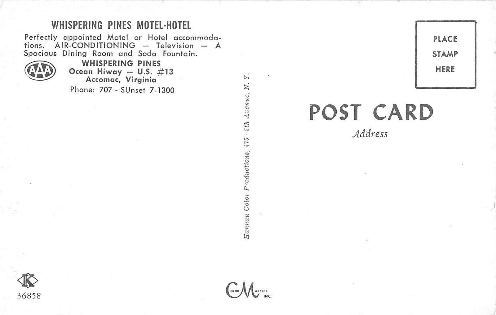 Accomac Virginia Whisperign Pines Motel-Hotel Vintage Postcard V12699 - Image 2