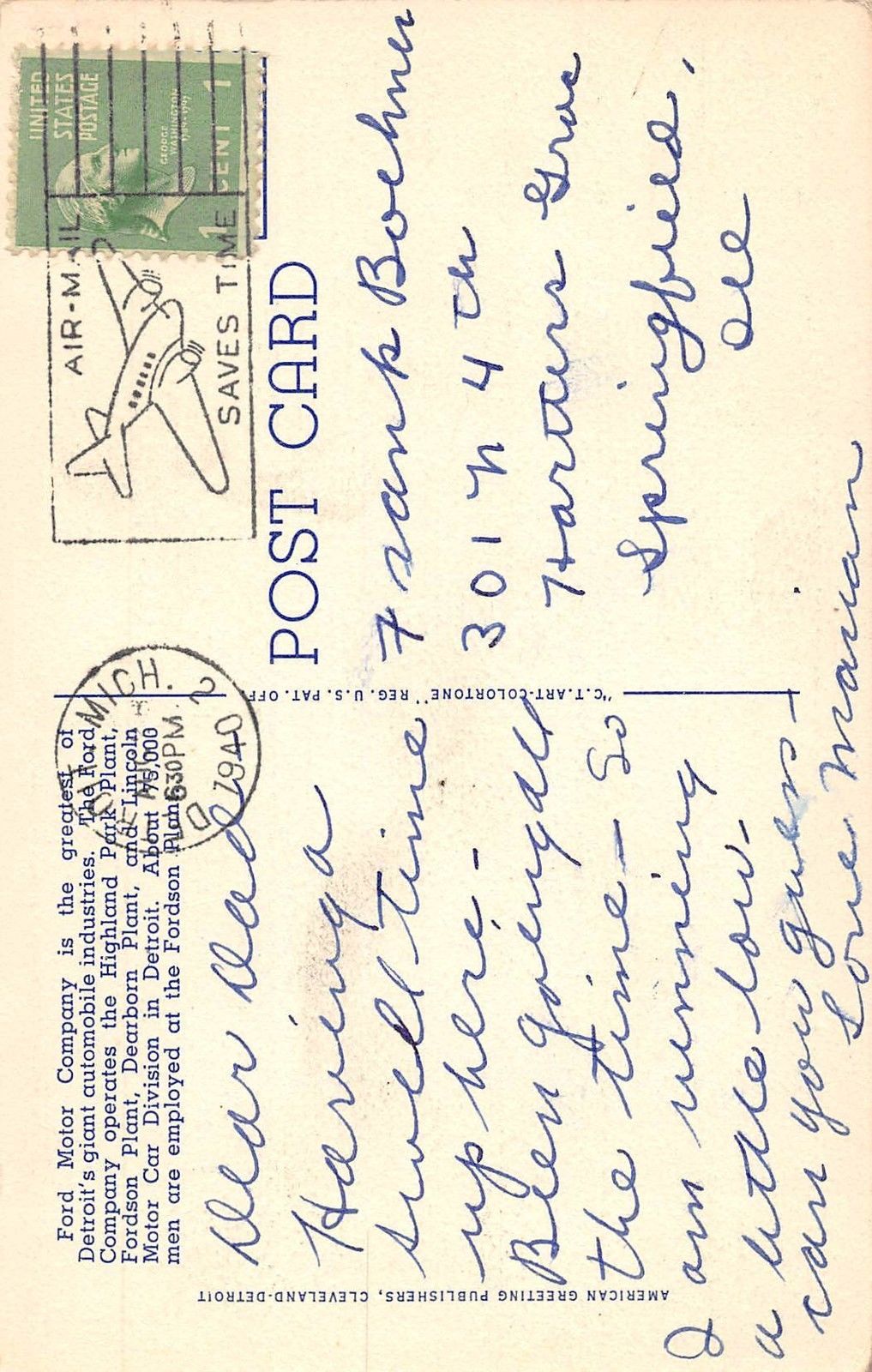 Lincoln Motor Co., Detroit, Michigan Antique Postcard (T2156) - Image 2