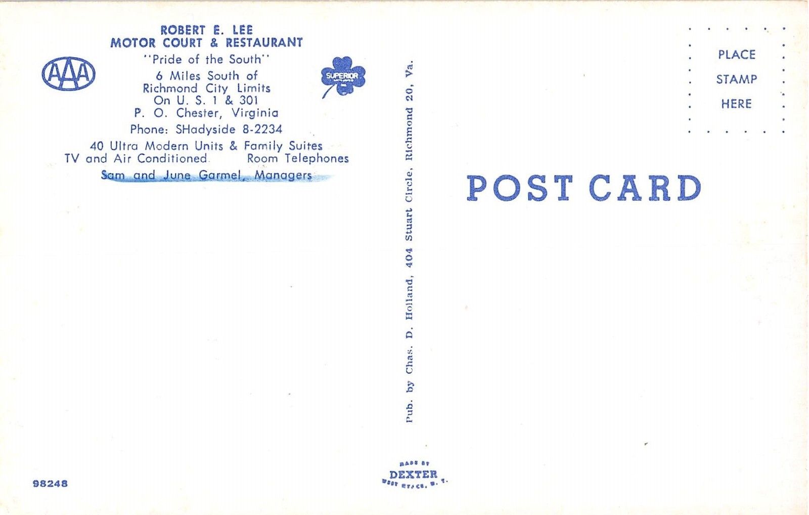 Chester Virginia Robert E Lee Motor Court And Restaurant Vintage Postcard V14430 - Image 2