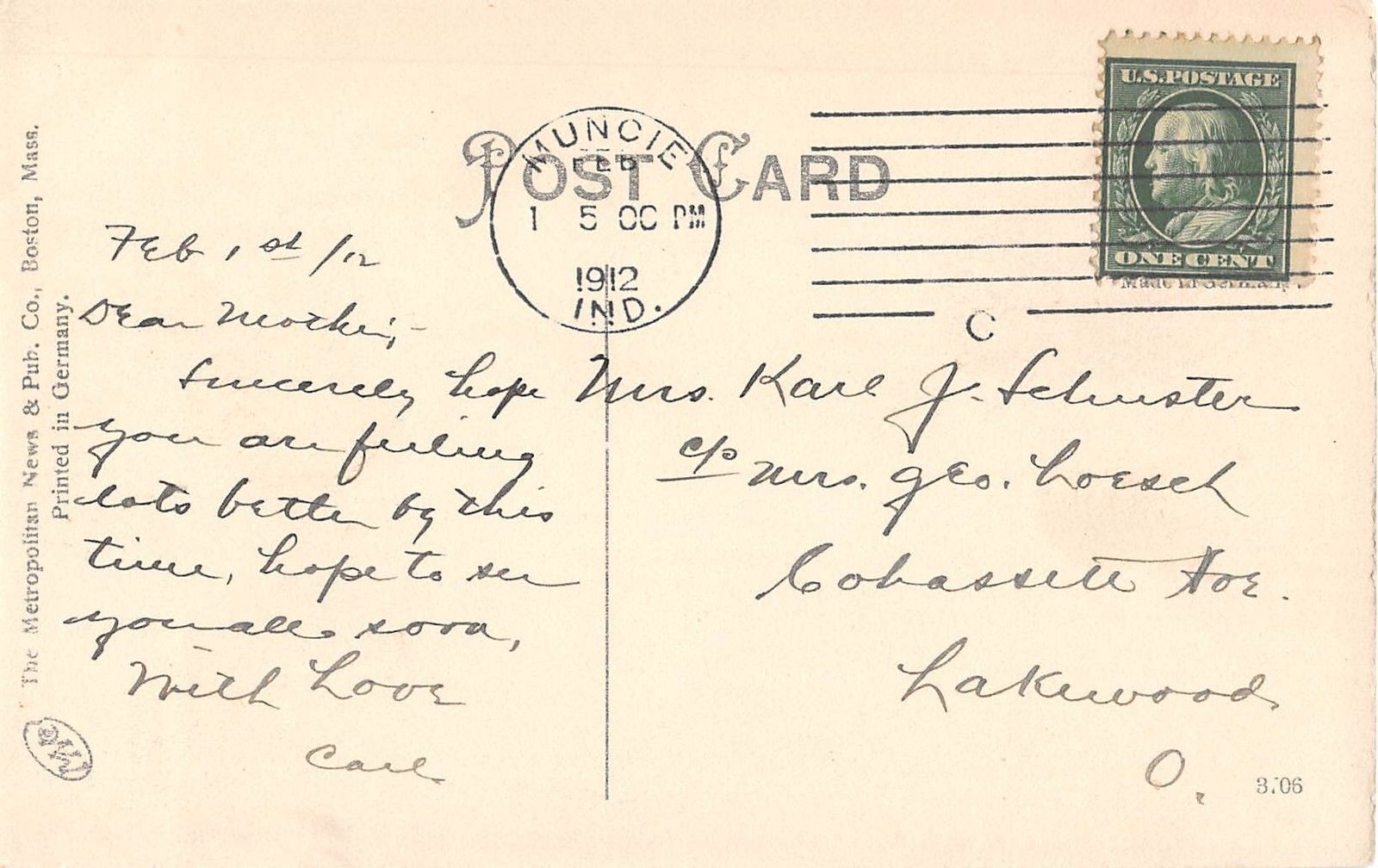 Muncie Indiana Walnut Street Looking North Antique Postcard (J13849) - Image 2