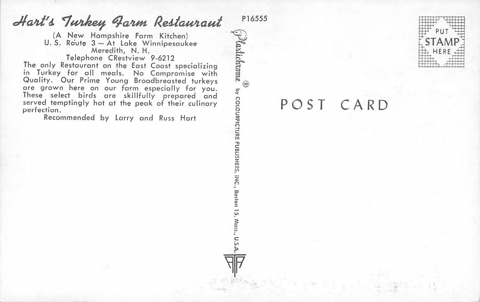 Meredith New Hampshier Hart's Turkey Farm Restaurant Vintage Postcard V21276 - Image 2