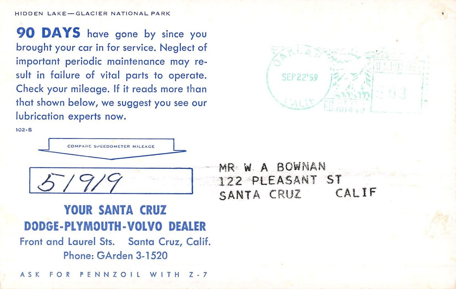 Santa Cruz California Dodge Plymouth Volvo dealer ad vintage pc (Z9412) - Image 2
