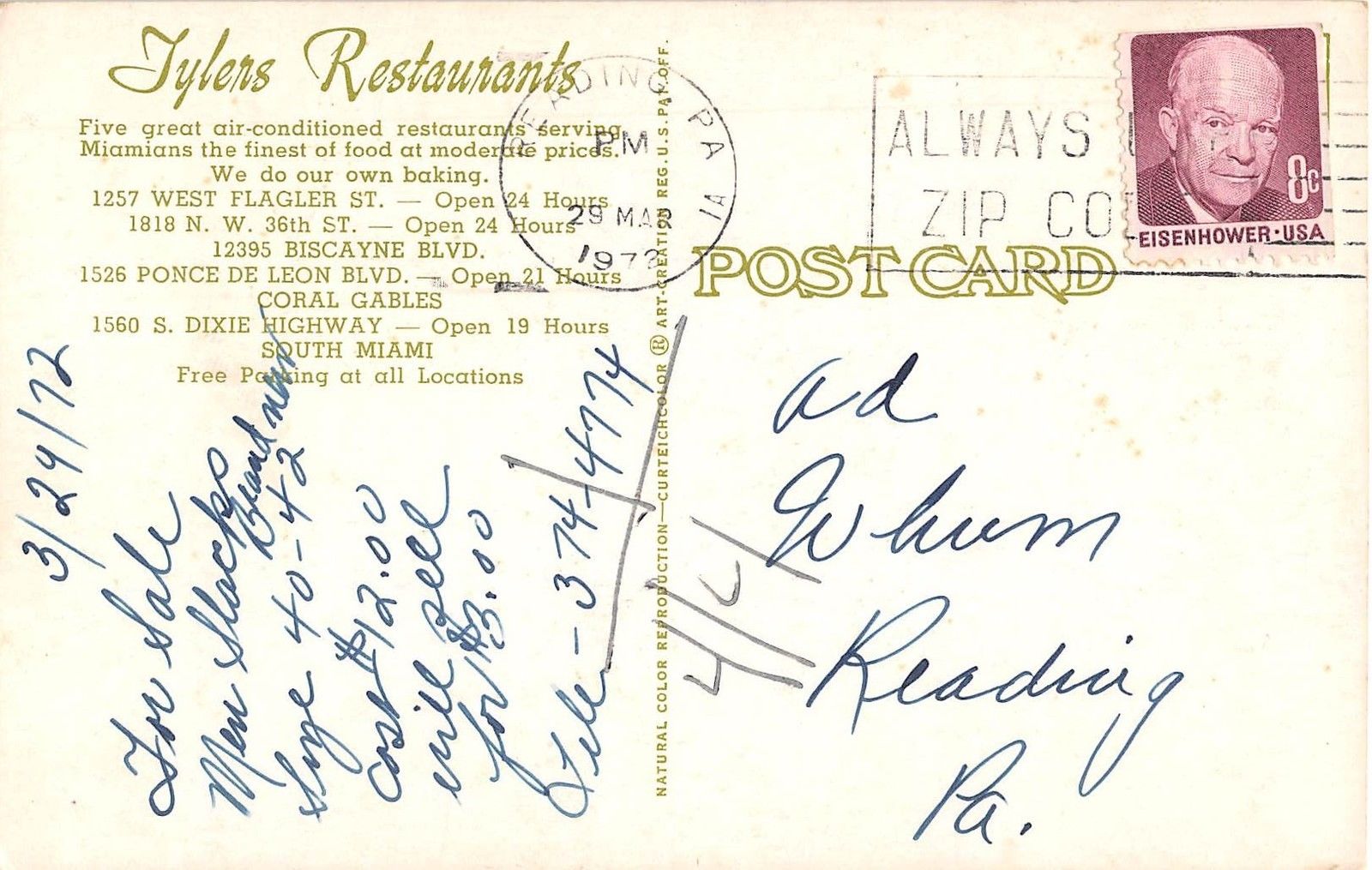 Miami Florida Tylers Restaurants Vintage Postcard (J20722) - Image 2