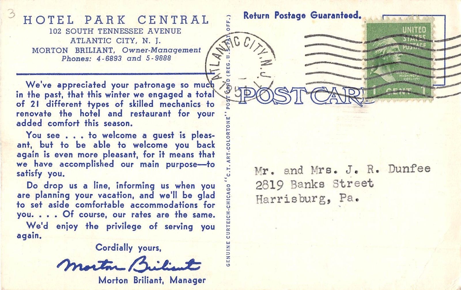 Atlantic City New Jersey Hotel Park Central Antique Postcard (J8489) - Image 2