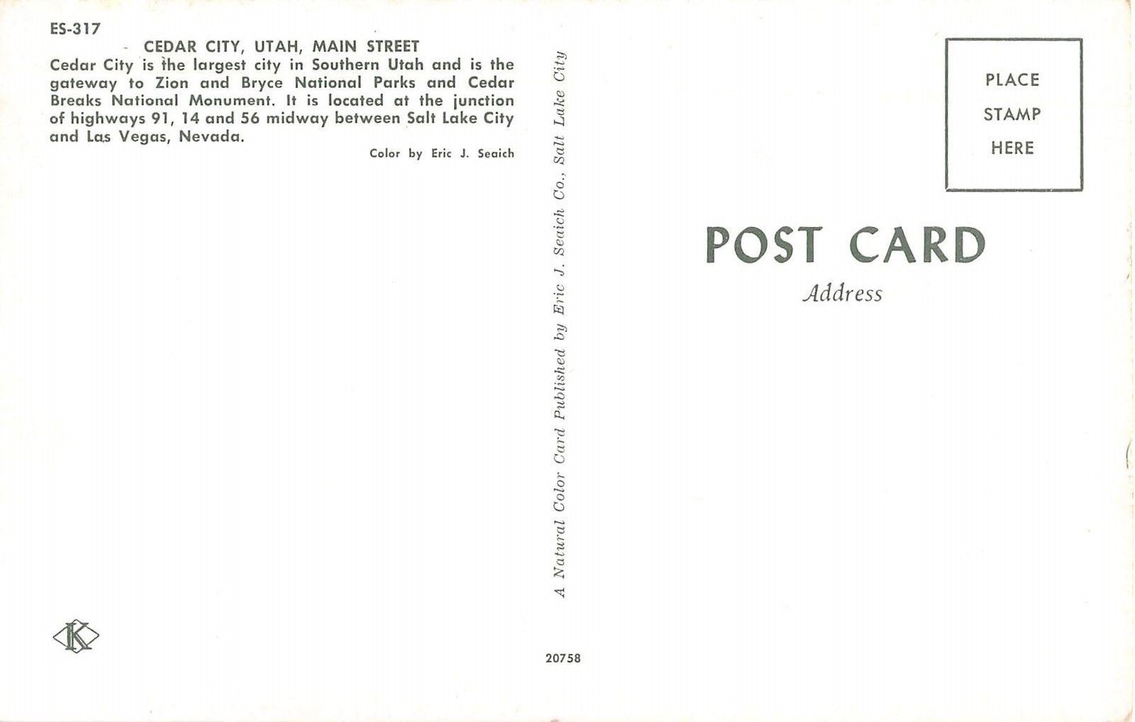 Cedar City Utah Main Street Vintage Postcard (J11975) - Image 2