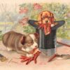 Puppies chewing on gloves one in top hat cane to the side antique postcard Y3135