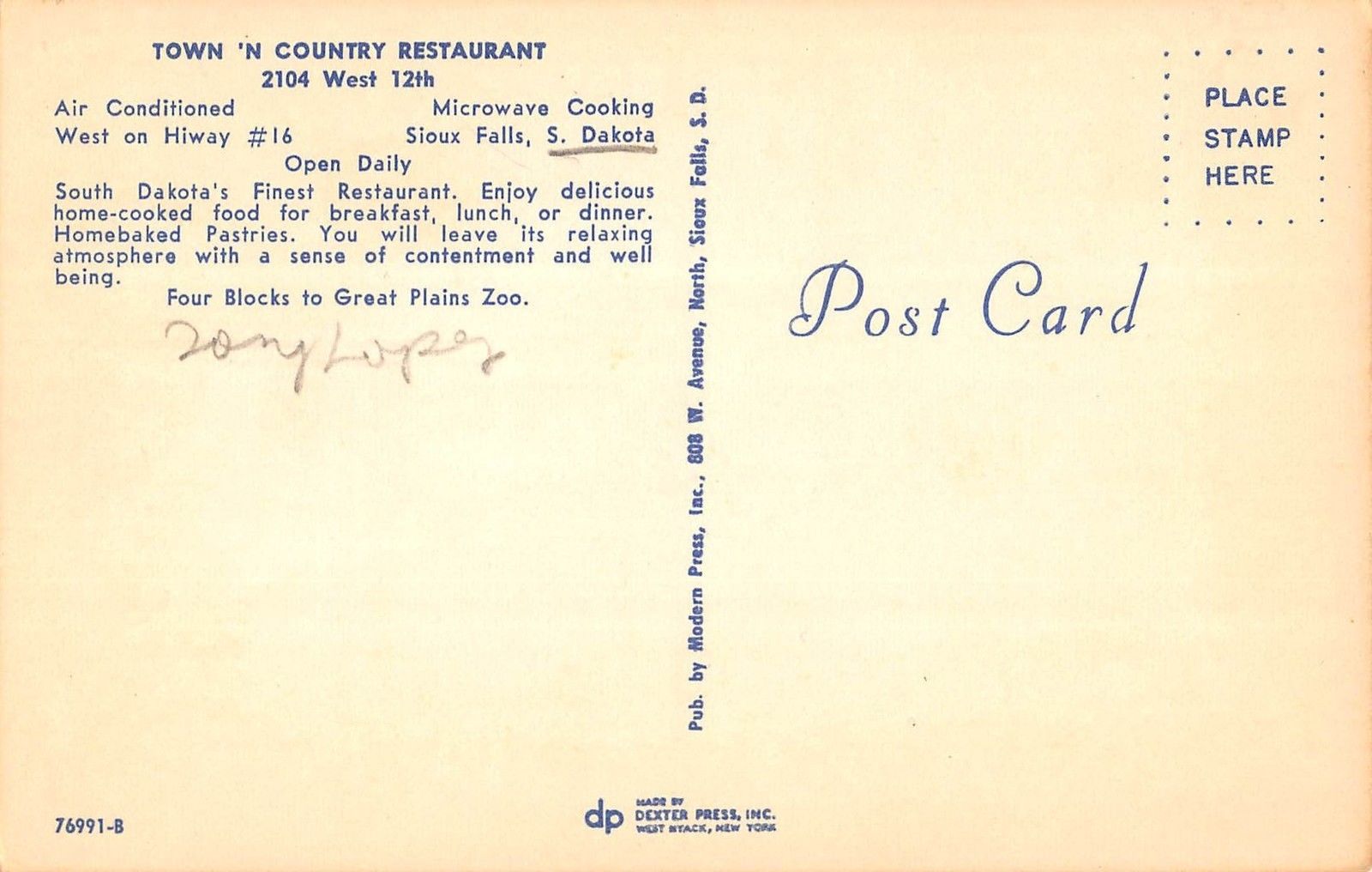 Sioux Falls South Dakota Town 'N Country Restaurant Vintage Postcard V20392 - Image 2