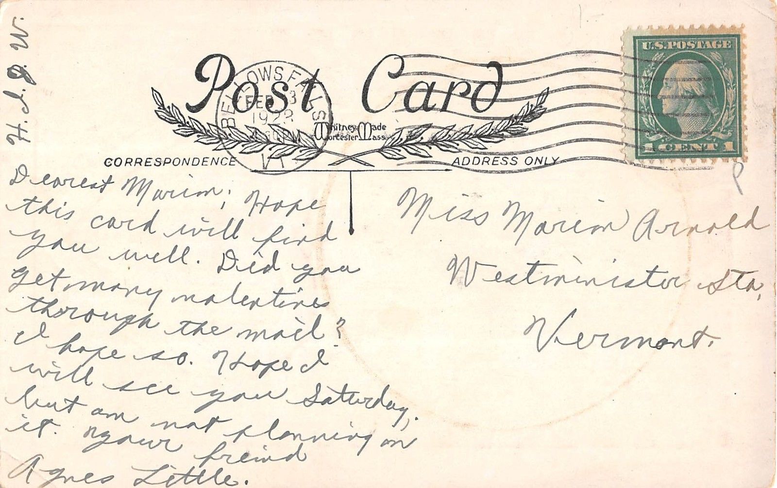 Valentine greeting young woman Cupid playing flute by Whitney antique pc (Y7348) - Image 2