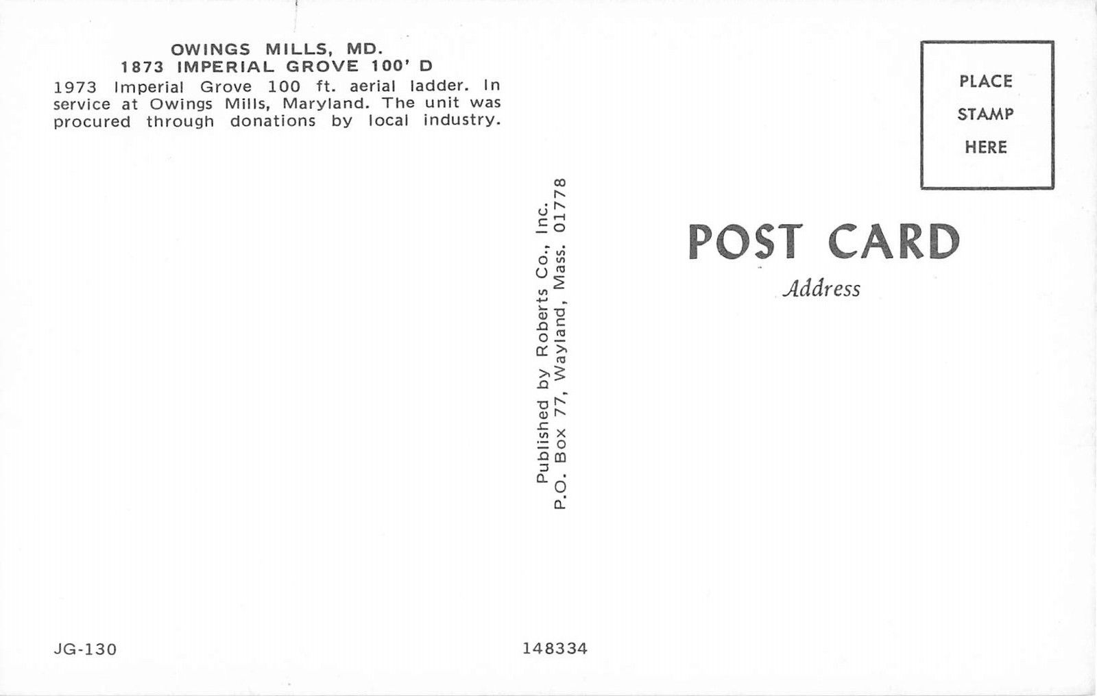 Owings Mills Maryland 1973 Imperial Grove Fire Truck Vintage Postcard V13483 - Image 2