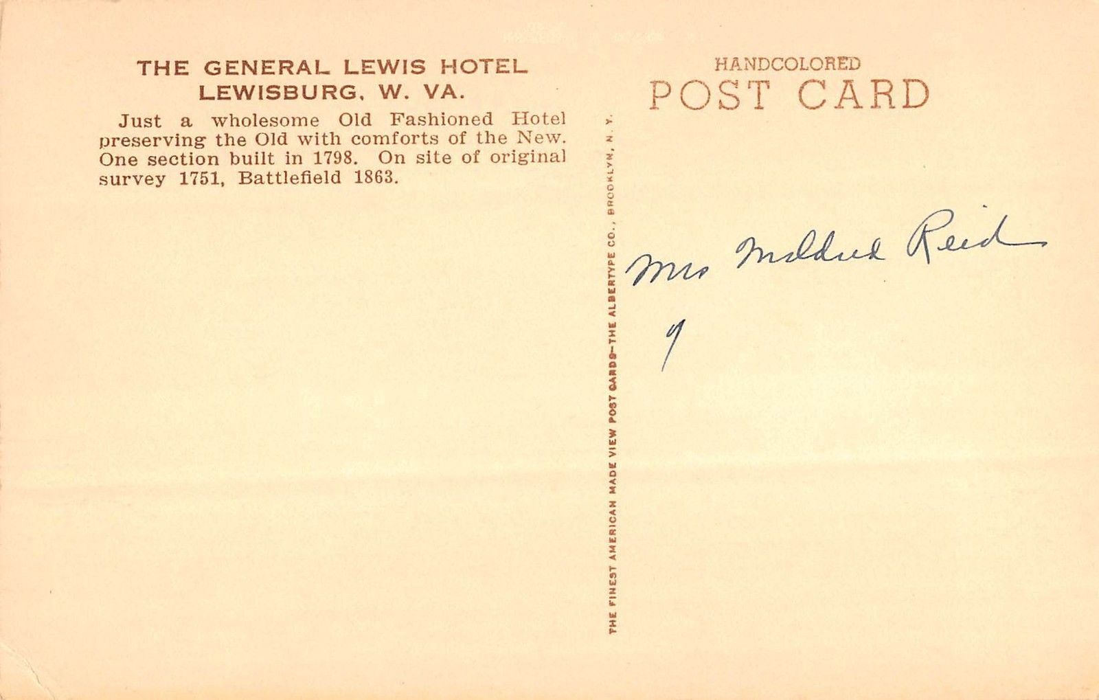 Hand colored General Lewis Hotel Lewisburg West Virginia Antique Postcard L141 - Image 2