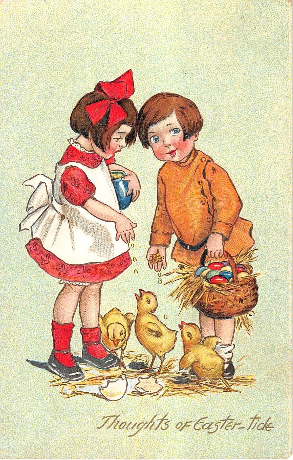 Eastertide Greeting Children Feeding Chicks Antique Postcard V17996 ...