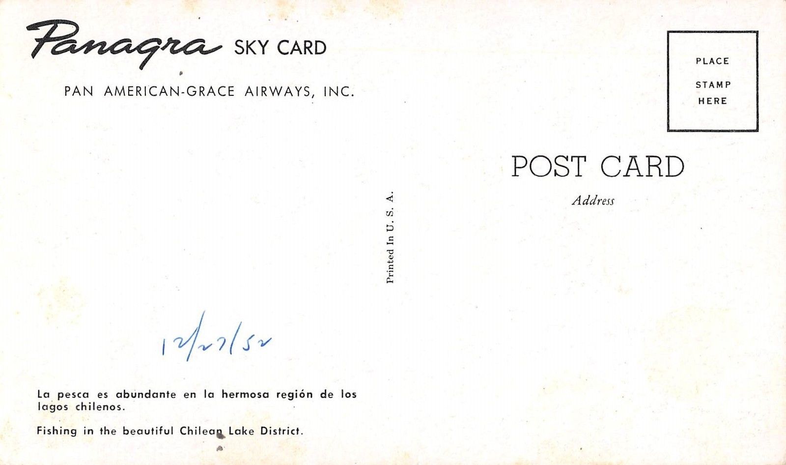 Chile Lake Scene Fishing Panagra Pan American Grace Airways Antique PC (J27463) - Image 2