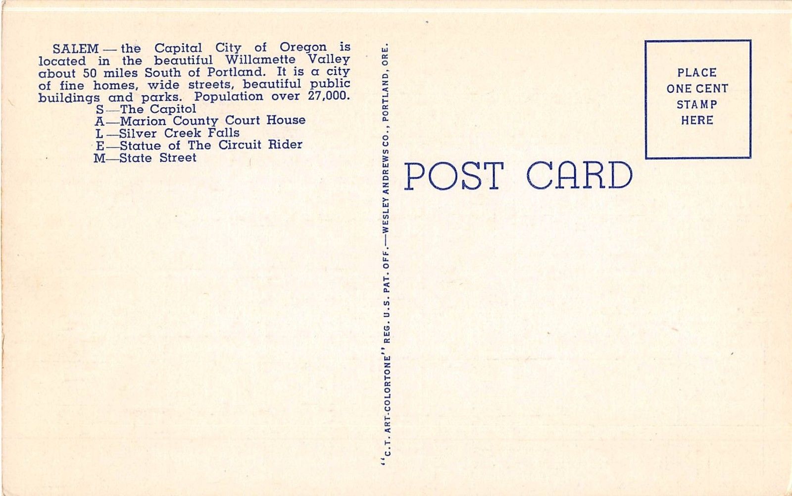 Salem Oregon Greetings Large Letter Linen Antique Postcard (J6616) - Image 2