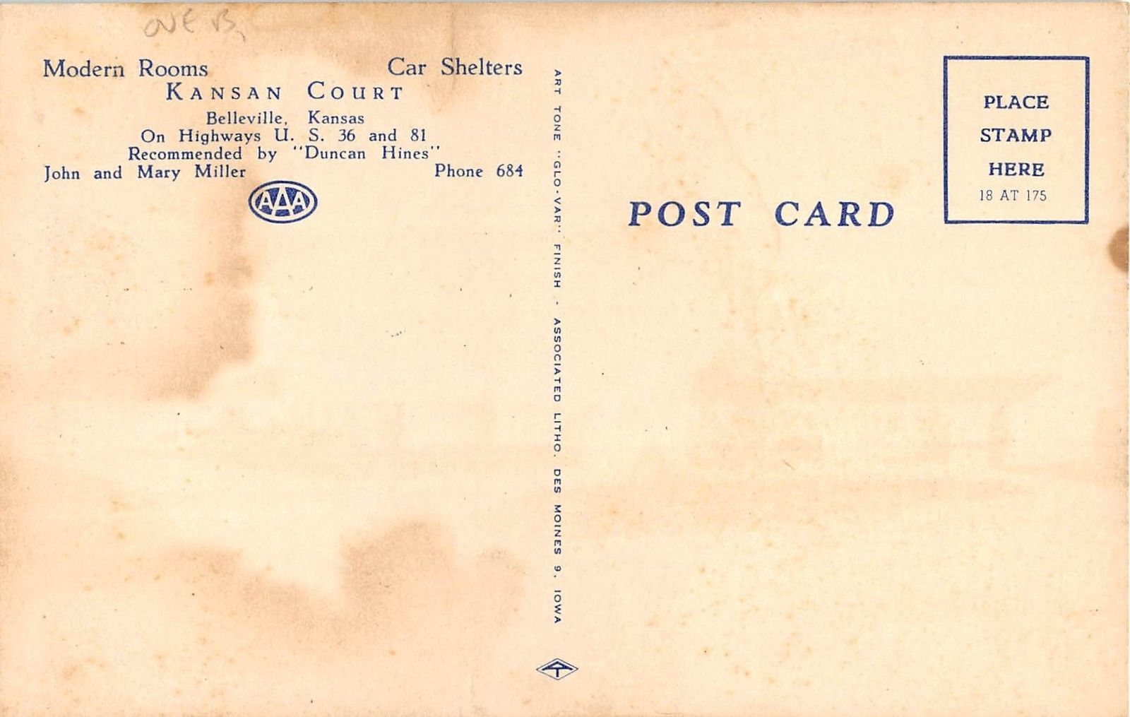 Belleville Kansas Kansan Court General Exterior View Antique Postcard V16482 - Image 2