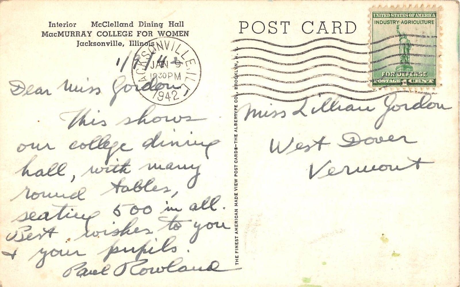 Jacksonville Illinois McClelland Dining Hall Interior Antique Postcard V16986 - Image 2