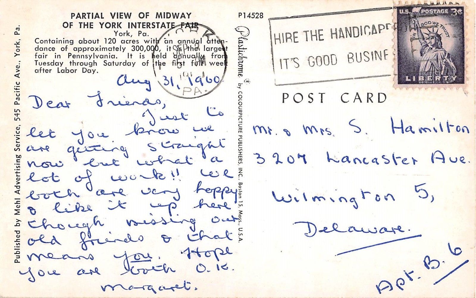 York Pennsylvania York Interstate Fair Ferris Wheel Vintage Postcard (J9547) - Image 2