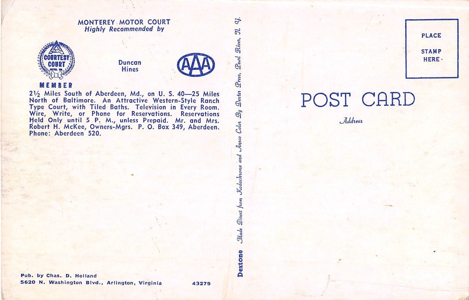 Aberdeen Maryland Monterey Motor Court Vintage Postcard (J6752) - Image 2