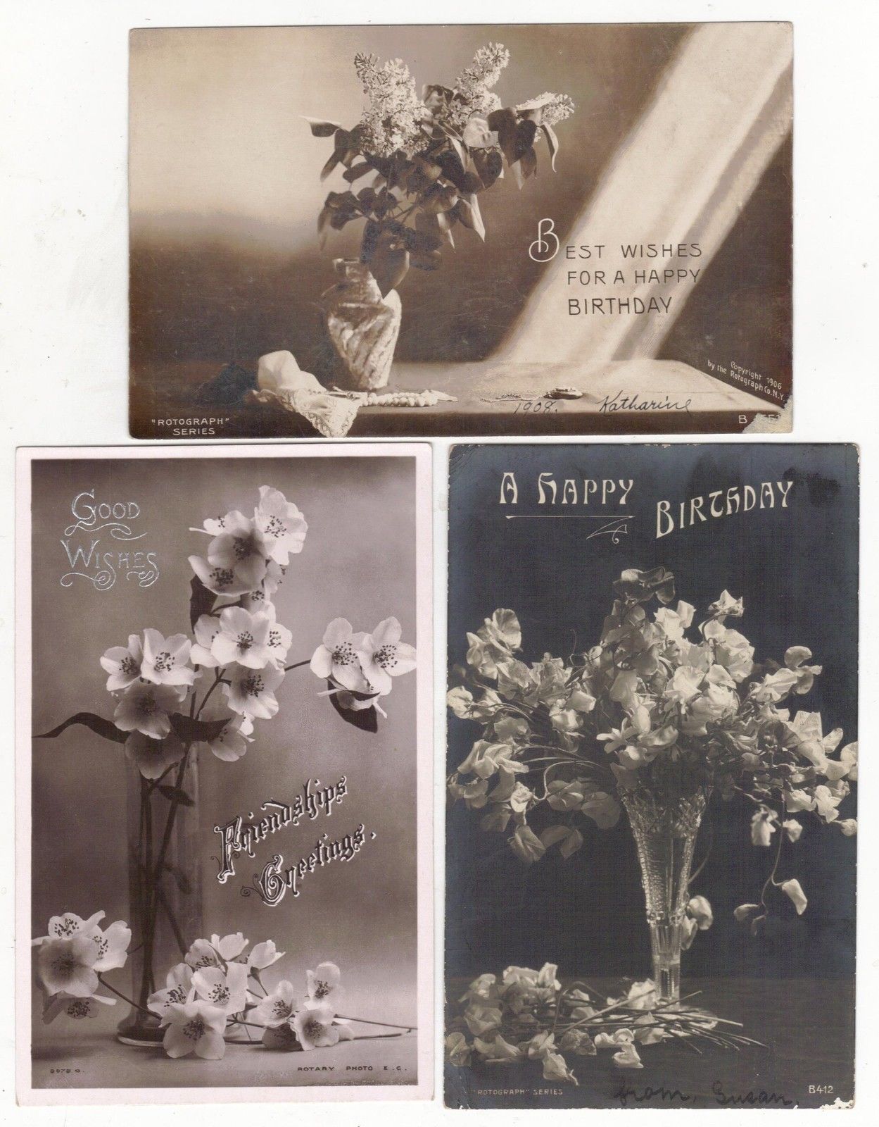 Group of 6 Floral Birthday Wishes, Greetings Real Photo Antique Postcards N4537 - Image 2