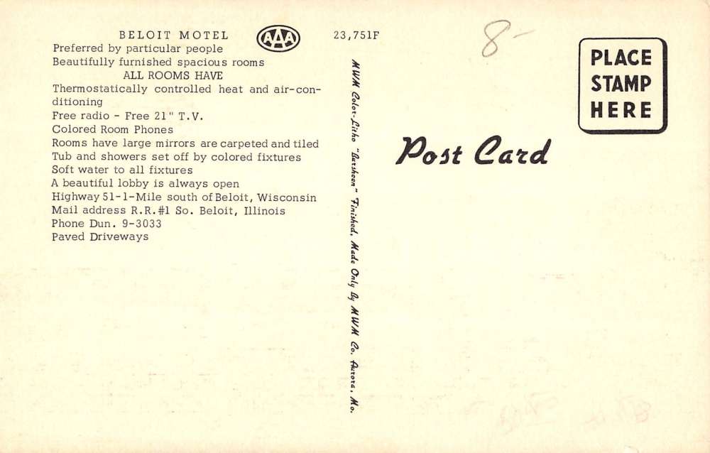 Beloit Wisconsin Motel Street View Linen Antique Postcard K21155 - Image 2
