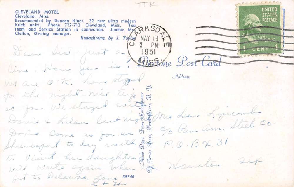 Cleveland Mississippi birds eye view outside Cleveland Motel vintage pc Y13192 - Image 2