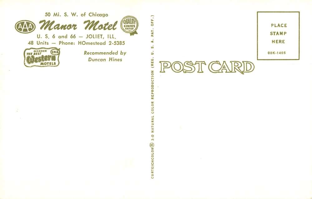 Joliet Illinois Manor Motel Pool Side Highway 66 Vintage Postcard K24610 - Image 2