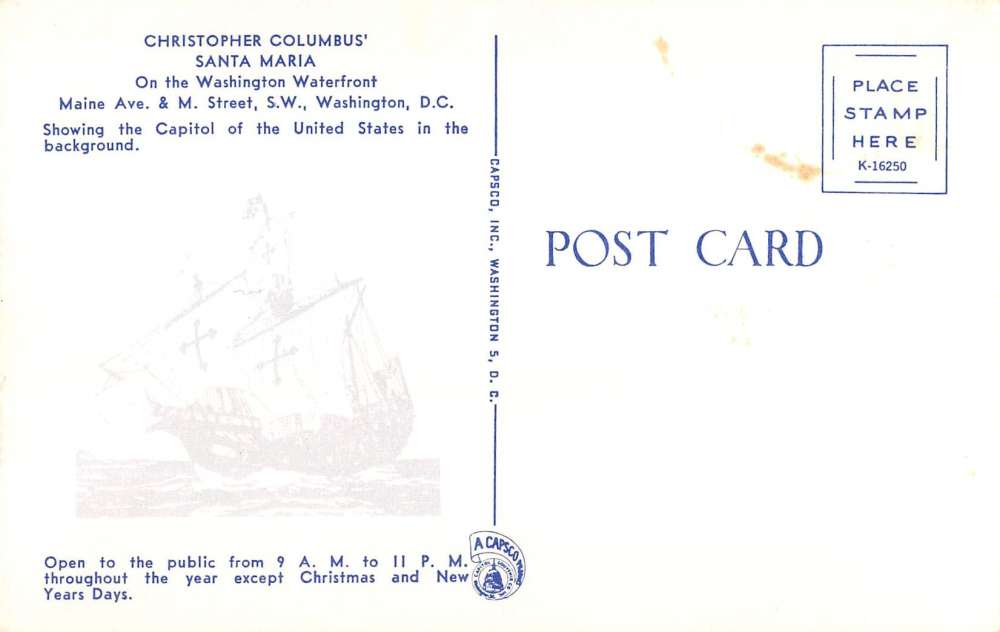 Washington DC Christopher Columbus Santa Maria Waterfront Vintage Postcard K9330 - Image 2