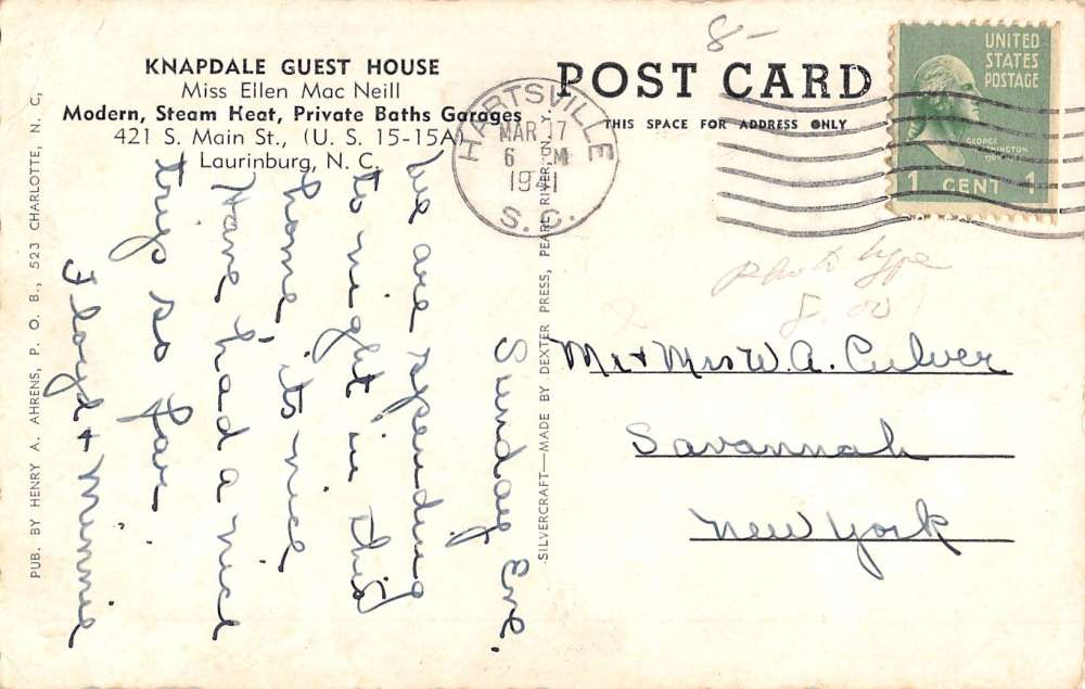 Laurinburg North Carolina Knapdale Guest House Antique Postcard K18360 - Image 2