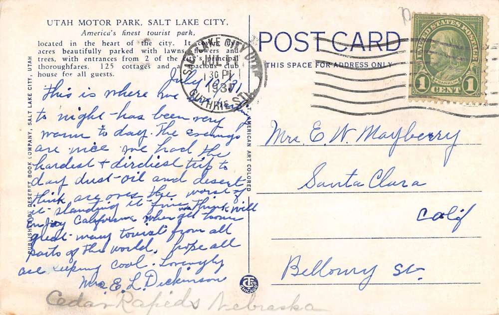 Salt Lake City Utah Motor Park Street View Antique Postcard K18835 - Image 2